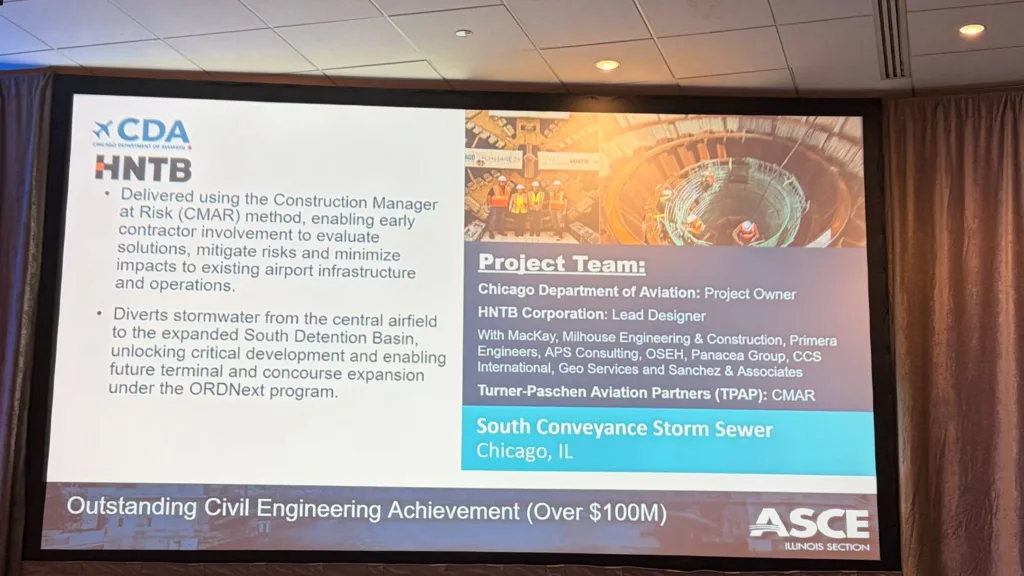 ASCE Illinois Section award slide recognizing Chicago’s South Conveyance Storm Sewer as an Outstanding Civil Engineering Achievement over $100 million