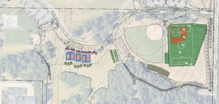Site plan showing a sports complex with a baseball/softball diamond over a soccer field, nearby pickleball courts, parking, paths, and trees.