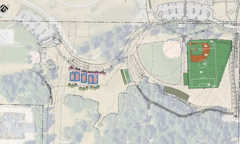 Site plan showing a sports complex with a baseball/softball diamond over a soccer field, nearby pickleball courts, parking, paths, and trees.