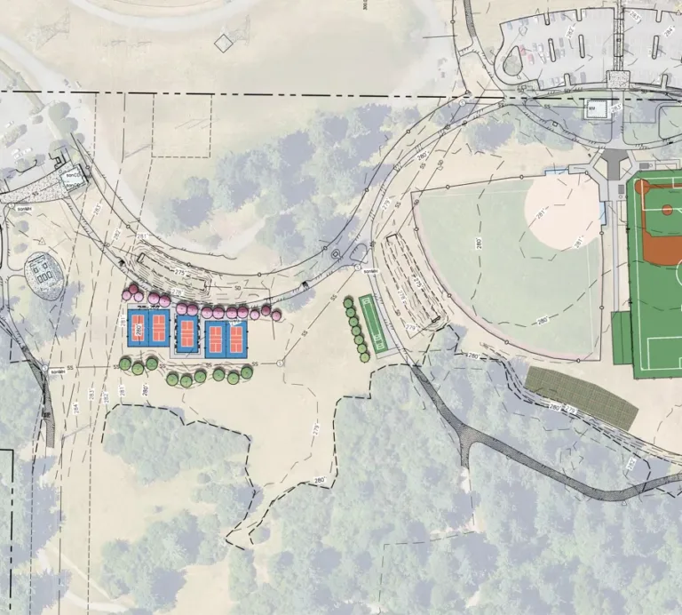 Site plan showing a sports complex with a baseball/softball diamond over a soccer field, nearby pickleball courts, parking, paths, and trees.