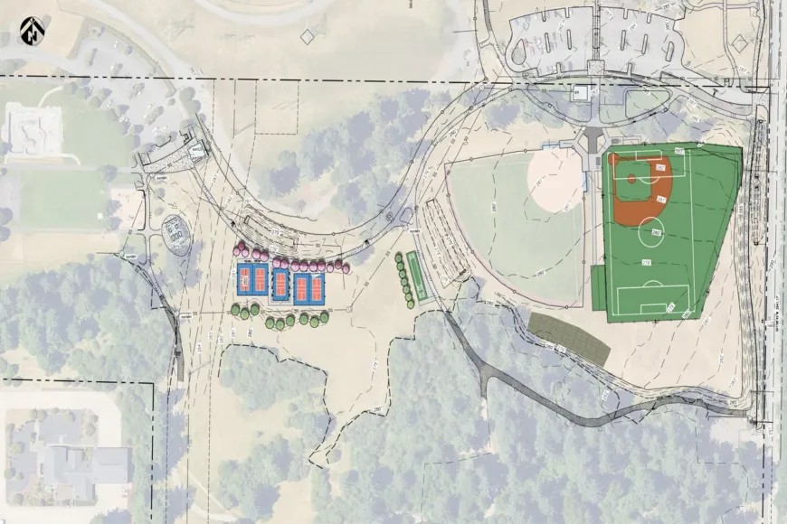 Site plan showing a sports complex with a baseball/softball diamond over a soccer field, nearby pickleball courts, parking, paths, and trees.
