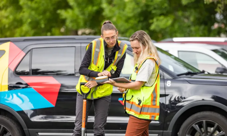 Two utility workers in high-visibility vests review a tablet beside a branded SUV, with one holding a shovel in a green outdoor setting.