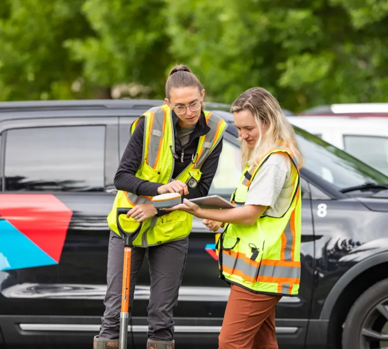 Two utility workers in high-visibility vests review a tablet beside a branded SUV, with one holding a shovel in a green outdoor setting.
