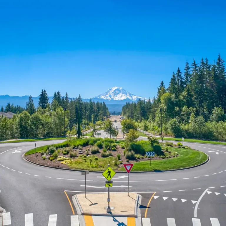 A landscaped roundabout with crosswalk signs and a tree-lined boulevard leads toward a distant snow-capped mountain under a clear blue sky.