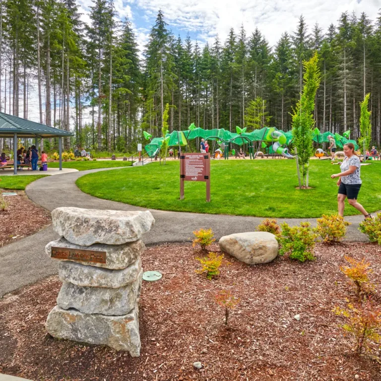 Families gather at Hawks Landing Park, featuring a covered picnic pavilion, winding paths, and a large green playground surrounded by tall evergreens.