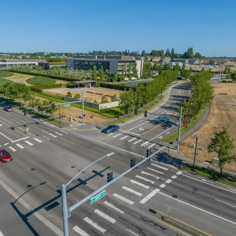 Aerial view of a tree-lined urban intersection with crosswalks, traffic signals, bike lanes, and modern buildings