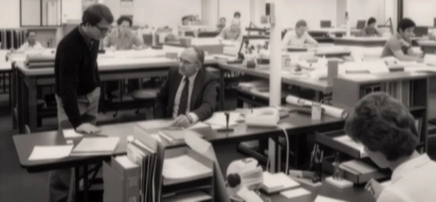 Historical black-and-white MacKay office with staff at drafting tables, as a man stands speaking to a seated colleague in a suit amid blueprints, binders, and desk phones in an open-plan workspace.