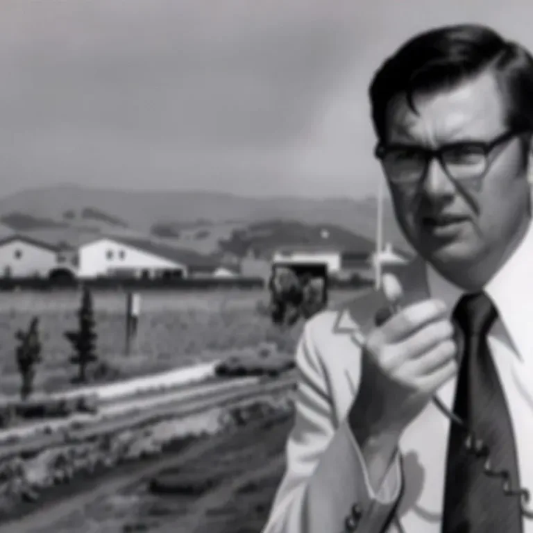 Historical MacKay photo of a man in a suit speaking into a handheld radio microphone at a suburban construction site, with houses and hills in the background.