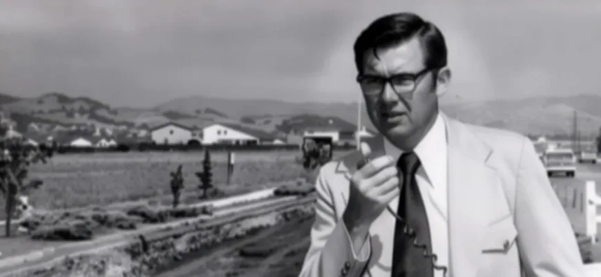 Historical MacKay photo of a man in a suit speaking into a handheld radio microphone at a suburban construction site, with houses and hills in the background.