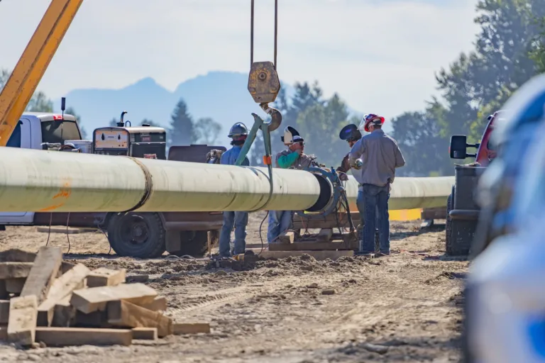 Workers in hard hats weld and align a long green pipeline as a crane suspends a section at a dusty outdoor job site, with trucks, trees, and distant mountains in the background.