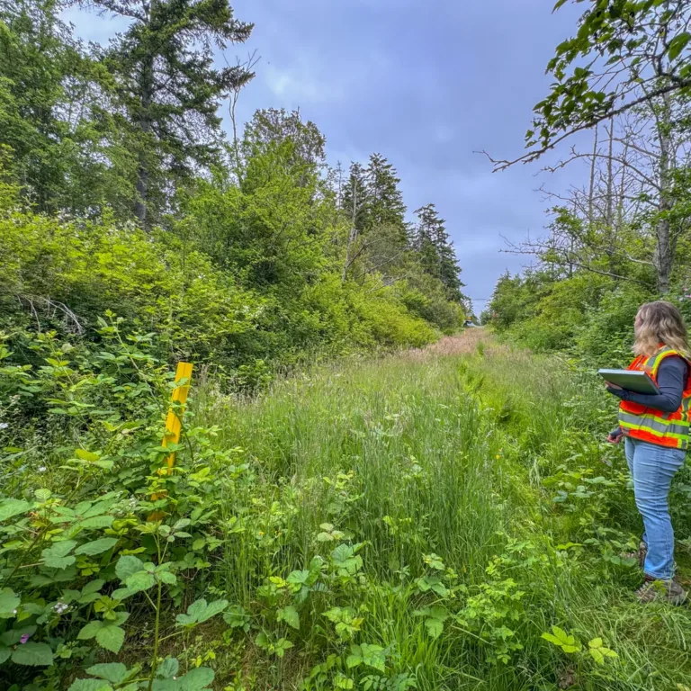 MacKay team member in a high-visibility vest holds a tablet while standing in a narrow grassy corridor surrounded by dense forest, with a yellow marker post at left under a cloudy sky.