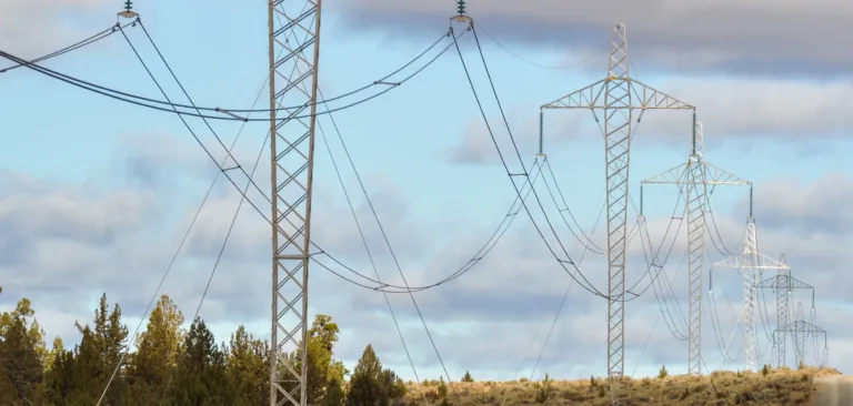 High-voltage transmission towers and power lines stretch across a rural landscape with trees and a dirt road under a cloudy sky.
