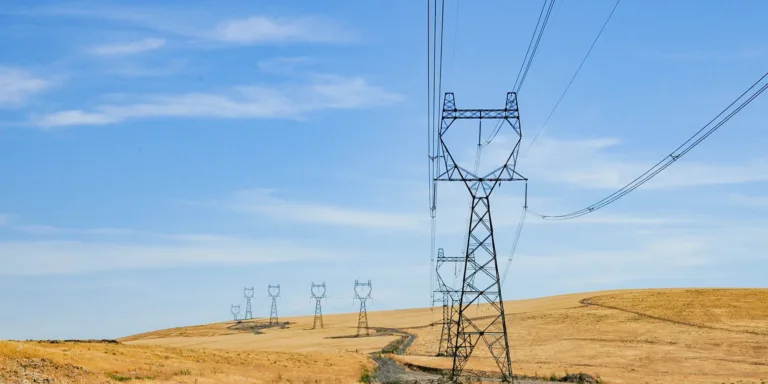 High-voltage transmission towers and power lines stretch across rolling golden grassland with a winding dirt road under a clear blue sky.