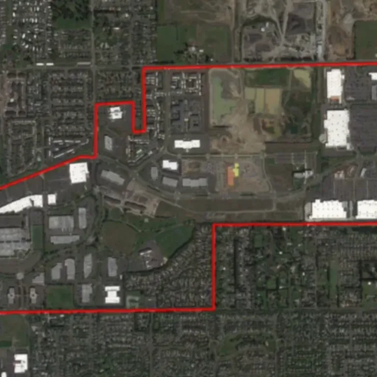 Historical satellite view of a MacKay project area, with an irregular red boundary outlining a mixed-use development amid surrounding residential neighborhoods.