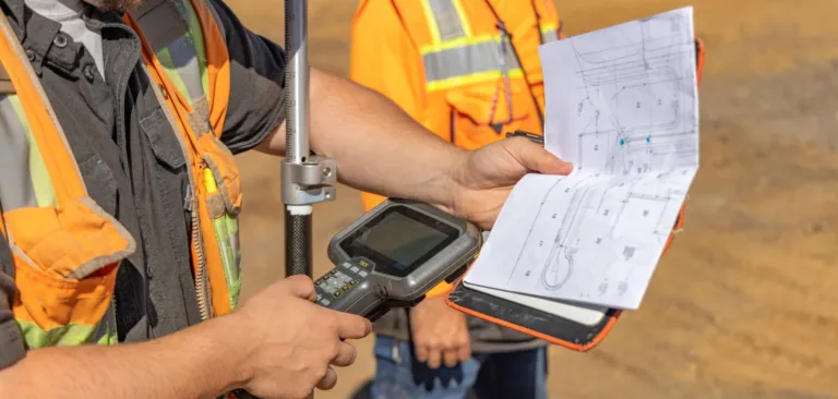 MacKay surveyor in high-visibility gear reviews construction plans while operating a GNSS rover and controller at a job site.