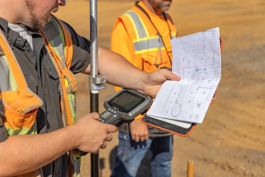 MacKay surveyor in high-visibility gear reviews construction plans while operating a GNSS rover and controller at a job site.
