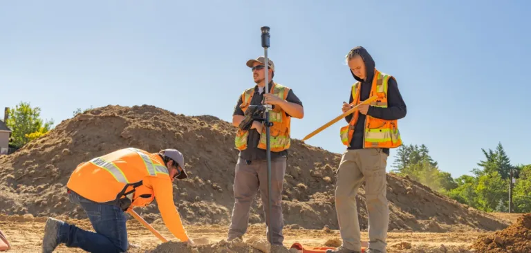 MacKay field crew surveying a construction site, with three workers in high-visibility vests—one kneeling to mark the ground, one holding a GPS survey rod, and one recording measurements—amid dirt mounds under a clear sky.