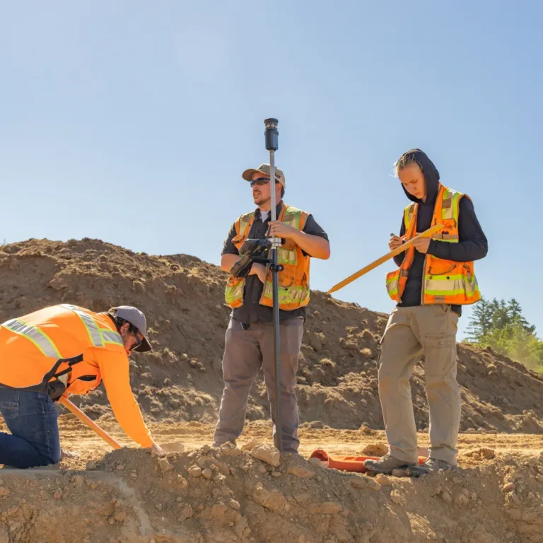 MacKay field crew surveying a construction site, with three workers in high-visibility vests—one kneeling to mark the ground, one holding a GPS survey rod, and one recording measurements—amid dirt mounds under a clear sky.
