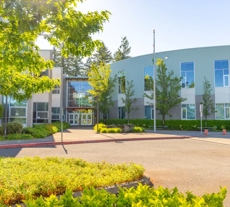 Modern two-story school building with a glass-fronted entrance, large windows, and landscaped trees and shrubs, viewed from an empty drive on a sunny day.