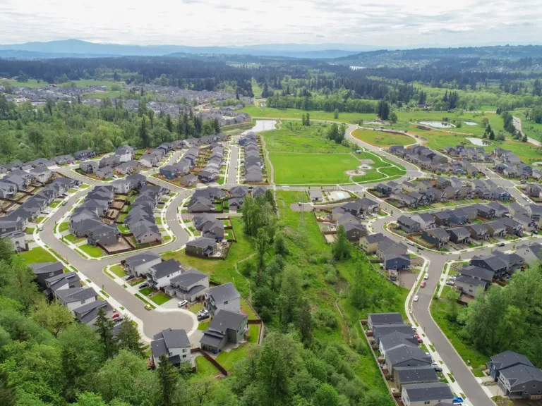 Aerial view of a sprawling suburban neighborhood with curving streets, rows of modern homes, and central green parks with ponds, bordered by dense forest.
