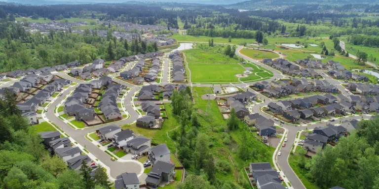 Aerial view of a sprawling suburban neighborhood with winding streets and cul-de-sacs, rows of dark-roofed houses, and a large central green space with paths and ponds, bordered by lush forested hills.