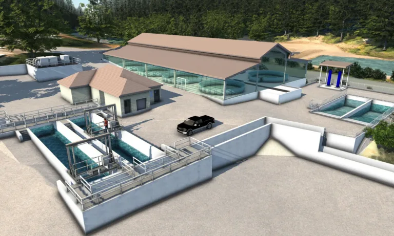 3D rendering of a modern aquaculture hatchery with concrete raceway channels, a glass-walled building housing circular tanks, filtration units, and a parked pickup truck beside a forested riverside.