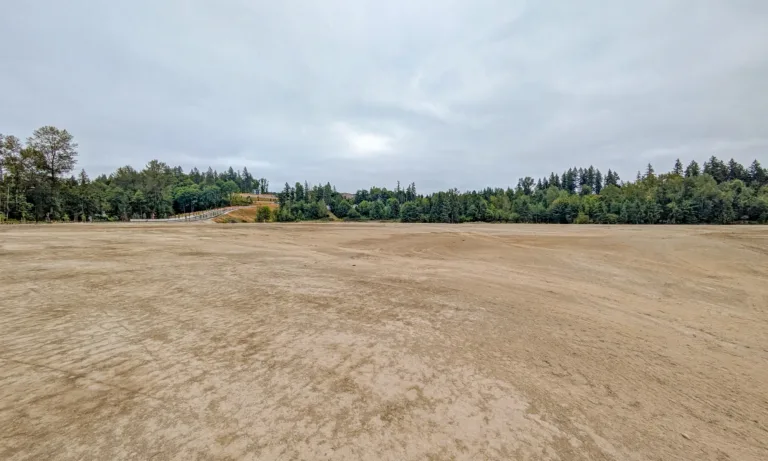 Wide expanse of graded dirt bordered by a treeline under an overcast sky, with a small road and guardrail visible on the left.