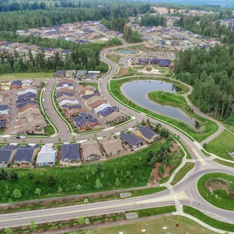 Aerial view of a suburban neighborhood with winding streets, a pond, surrounding forest, and a roundabout