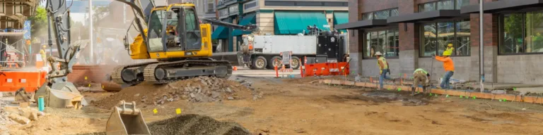 Downtown street construction scene with a yellow excavator and crew forming a sidewalk beside brick buildings, surrounded by orange barriers, cones, and piles of dirt and gravel.