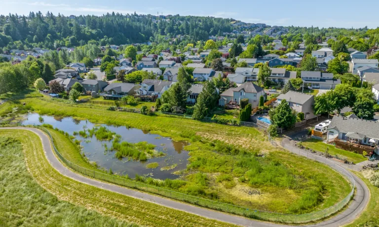 Aerial view of a suburban neighborhood with a small wetland pond encircled by a paved walking path, rows of houses and backyards, and forested hills in the background on a sunny day.