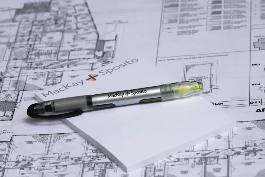 Historical photo of a MacKay–branded pen/highlighter on a notepad atop architectural blueprints, with the MacKay logo visible in the background.