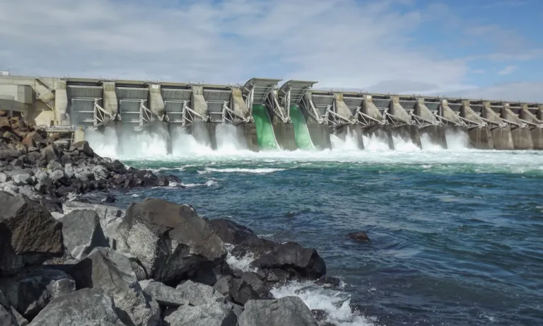 Large concrete dam with multiple open spillway gates releasing foaming water into a blue river, with a rocky shoreline in the foreground under a partly cloudy sky.