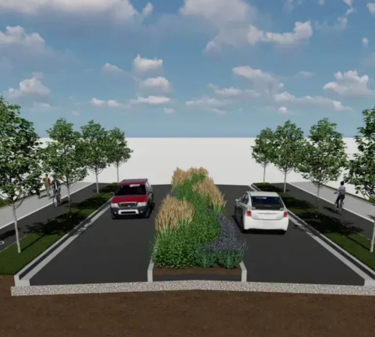 3D rendering of a two-lane road through a wetland with a landscaped median of grasses and shrubs, street trees, and separated bike paths and sidewalks on both sides with cars, cyclists, and pedestrians under a blue sky.