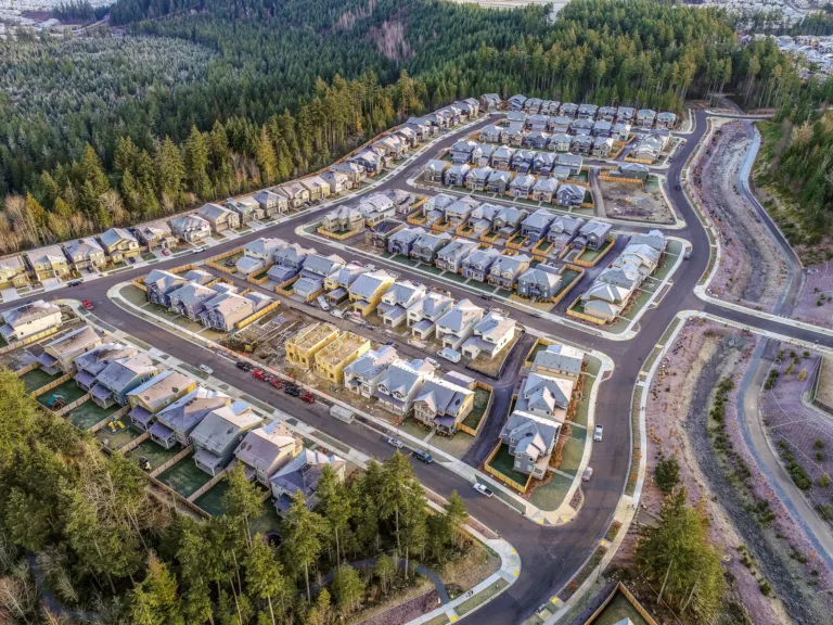 Aerial view of a new suburban neighborhood under construction, with rows of similar houses, curved streets and fenced yards, a drainage canal on the right, and dense forest surrounding the development.