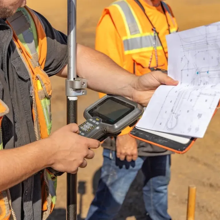 Surveyors in safety vests use a surveying instrument while reviewing a technical site plan