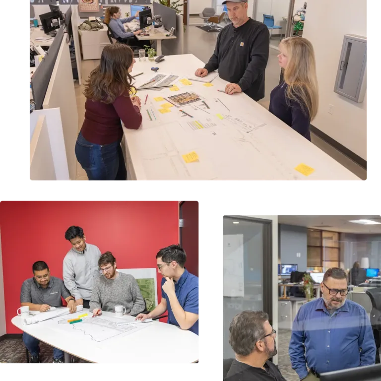 Collage of MacKay office scenes showing groups reviewing engineering plans with drawings and sticky notes at tables and colleagues conferring in a glass‑walled workspace.
