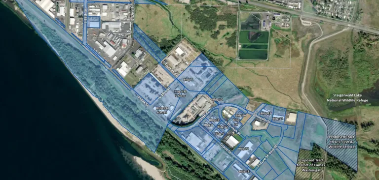 Geographic Information System map of industrial port and surrounding buildings and typography