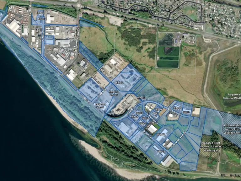 Geographic Information System map of industrial port and surrounding buildings and typography