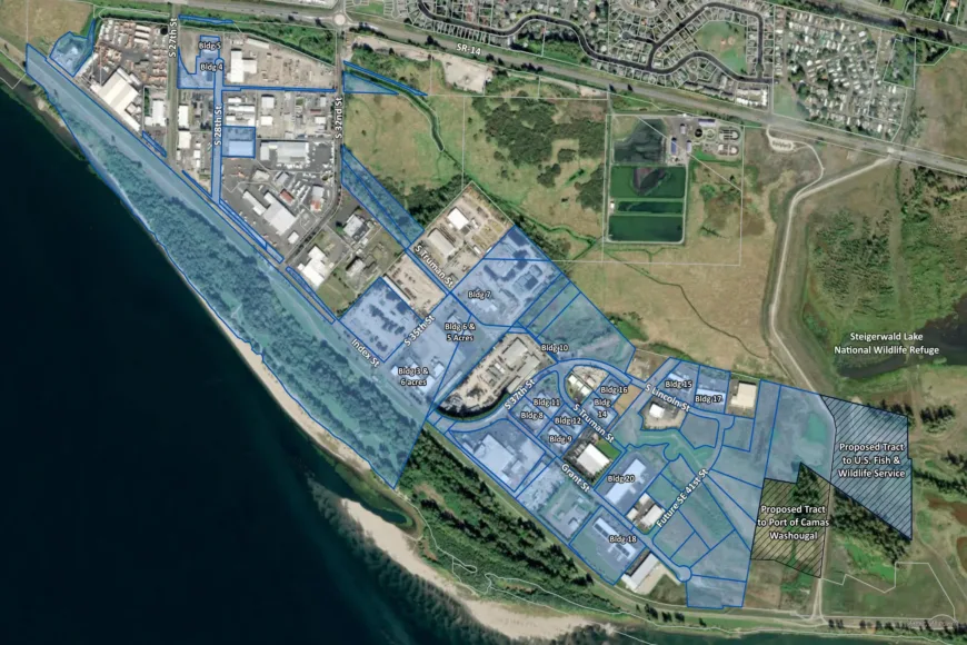 Geographic Information System map of industrial port and surrounding buildings and typography