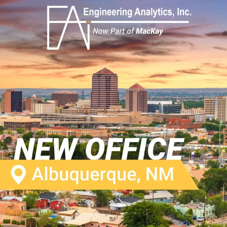 Engineering Analytics announces new office in Albuquerque, NM, with downtown skyline and “Now Part of MacKay” text.