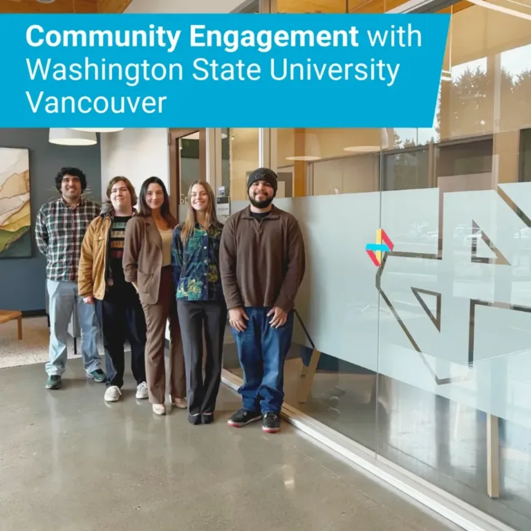 Five smiling people standing indoors beside a glass wall with “WSU Vancouver” text overlay reading “Community Engagement.”