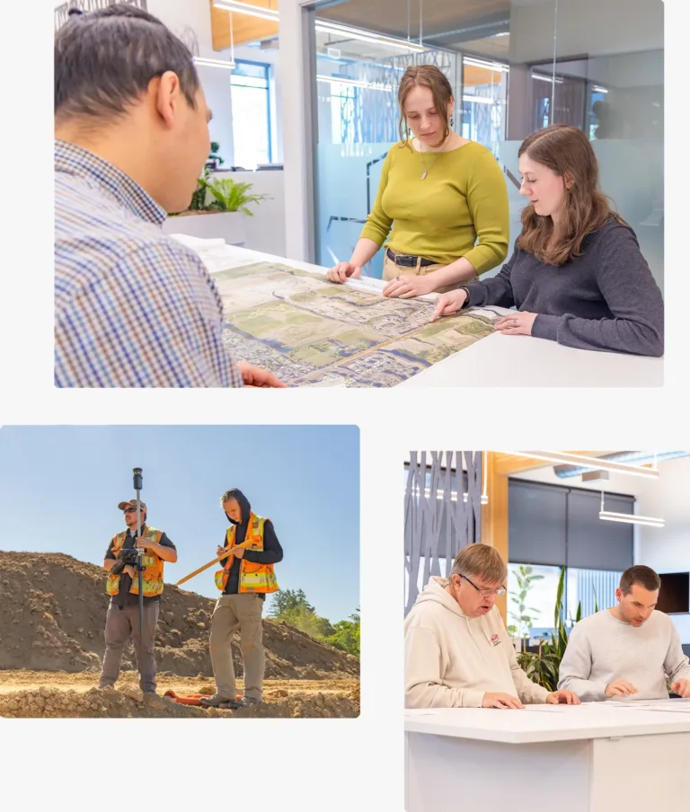 Collage of civil engineers: two women reviewing a site map indoors, two surveyors using GNSS and measuring wheel on a dirt site, and two men collaborating at a reception desk.