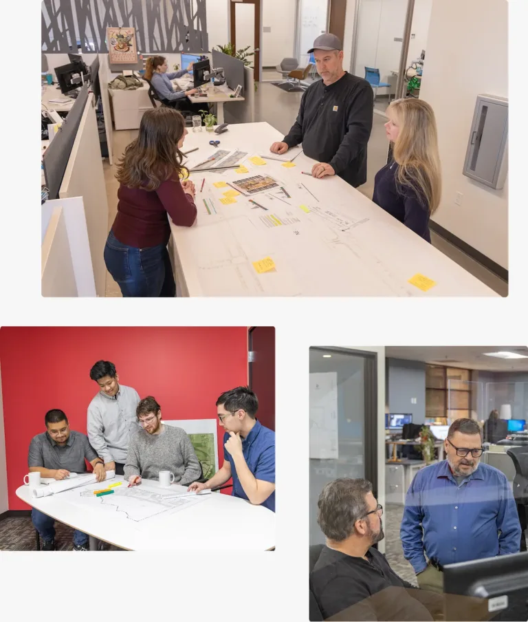 Collage of MacKay office scenes showing groups reviewing engineering plans with drawings and sticky notes at tables and colleagues conferring in a glass‑walled workspace.