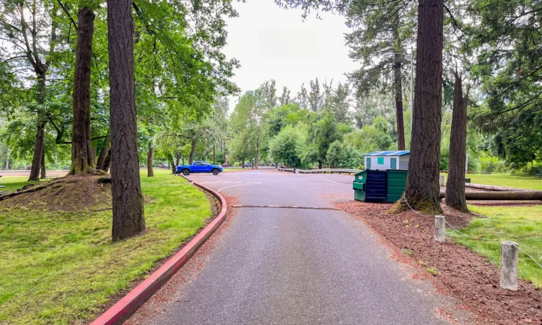 Paved park road winding through tall trees, with a blue pickup truck, parking area, and green dumpster