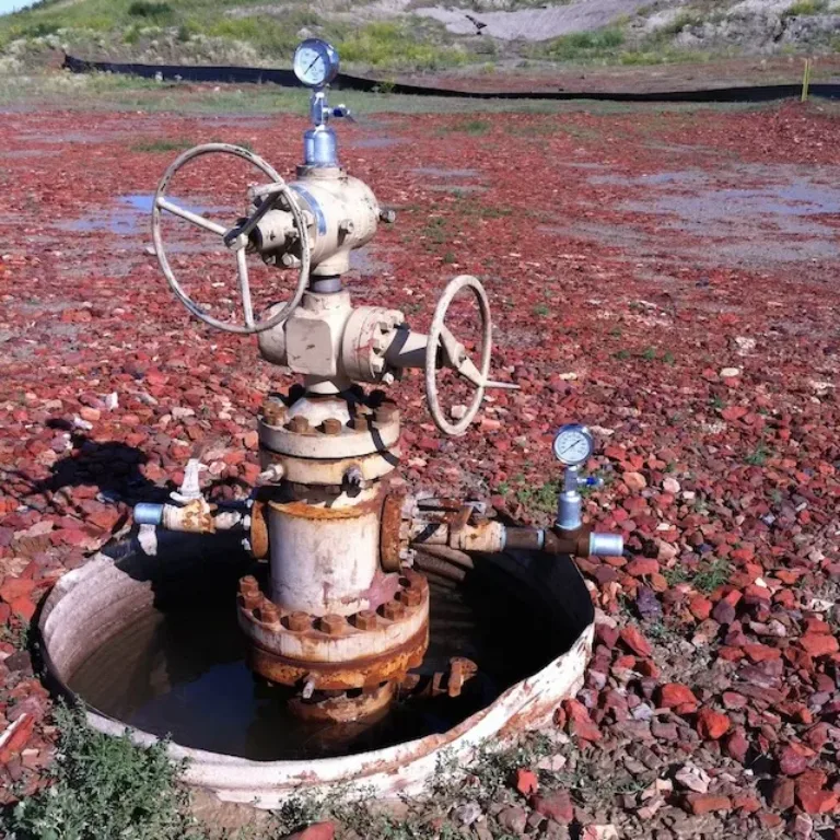 Industrial wellhead with handwheels and pressure gauges emerging from an open, water-filled ground casing
