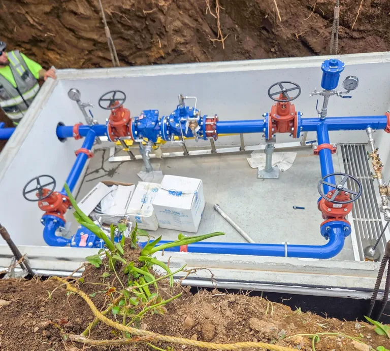 Worker installs blue and red water pipes and valves inside a concrete utility vault