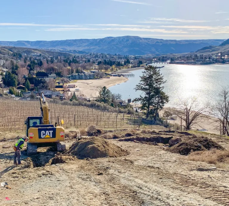 Worker beside a CAT excavator on a vineyard hillside overlooking a lakeside town and surrounding mountains