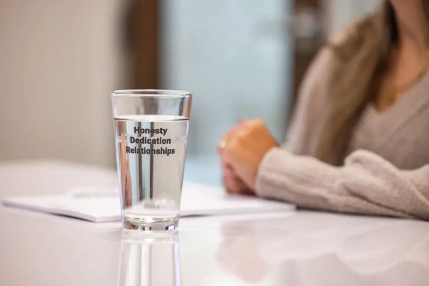 Glass of water labeled “Honesty, Dedication, Relationships” on a table beside a seated person