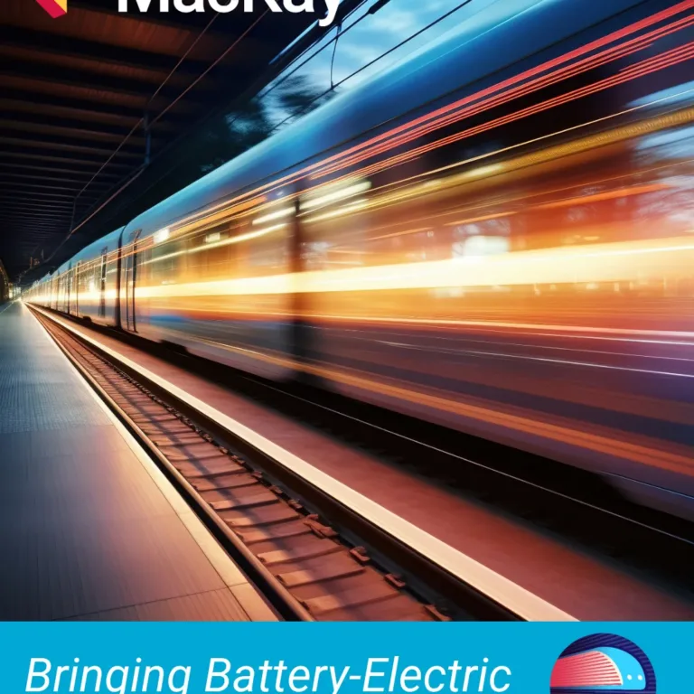 Mackay graphic promoting battery-electric rail to Chicago, Illinois, with a motion-blurred train and O’Hare Flyer project team logo