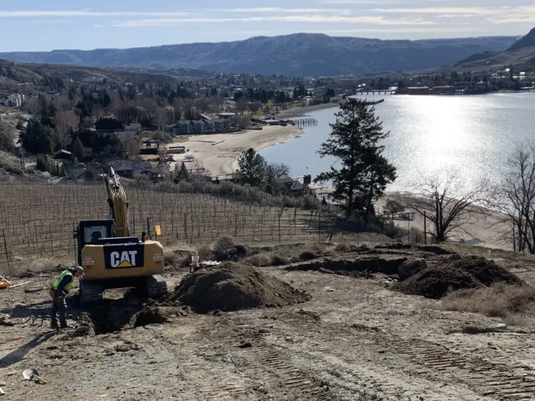 Excavator and worker at a hillside construction site overlooking a lakeside town, beach, vineyard, and surrounding mountains